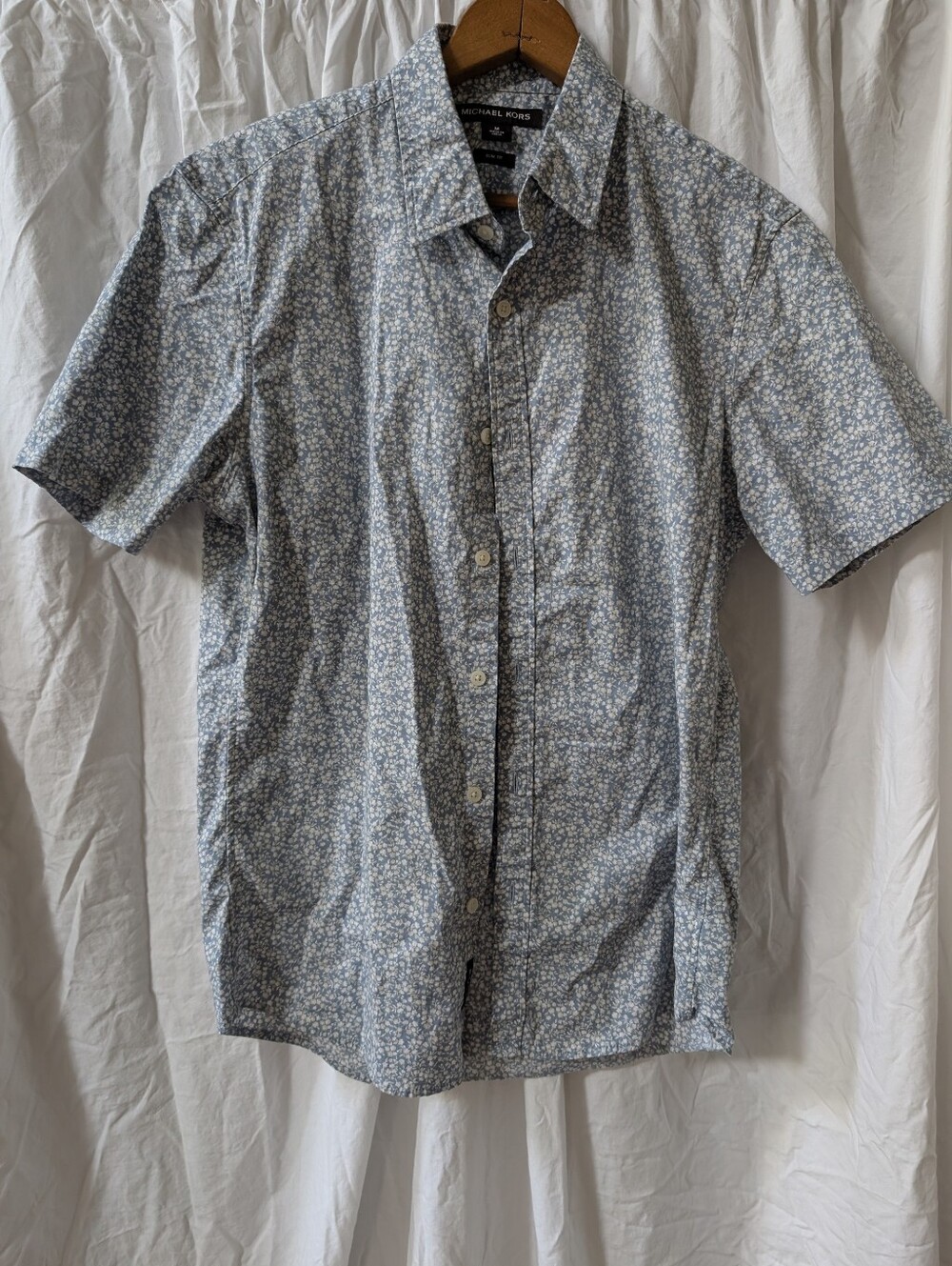 Michael Kors Light Blue Floral Short Sleeve Button-Down Shirt
